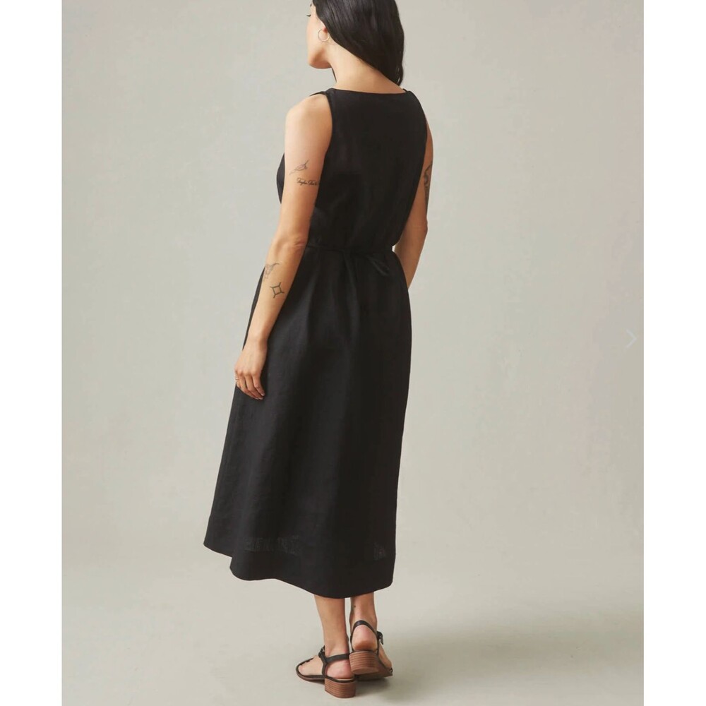 American Giant Midi Dress Womens XS Black Linen Tie Waist Pockets V-Neck NEW - Picture 5 of 9